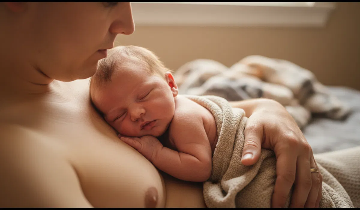 Nyfødt baby sover trygt hud-mod-hud på forælders bryst – fundamentet for tryg tilknytning i de første 3 måneder